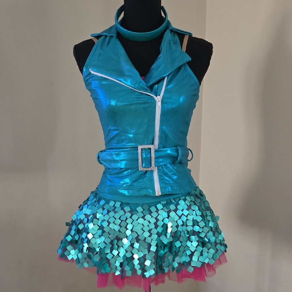 Weissman Turquoise Metallic Sequin w/ Hot Pink Leotard Dance Costume with Belt